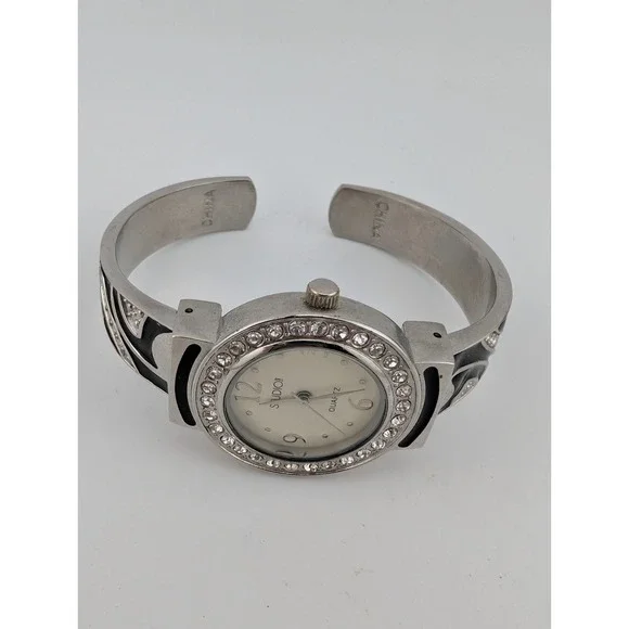 Studio Time Bangle Watch Women 30mm Case Black Enamel Rhinestones- New Battery - Picture 4 of 8